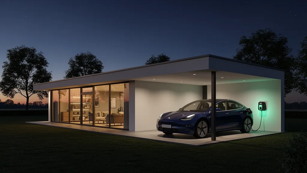 Casa de fin de semana con cochera techada y auto eléctrico cargando de noche en un punto de carga montado sobre la pared.