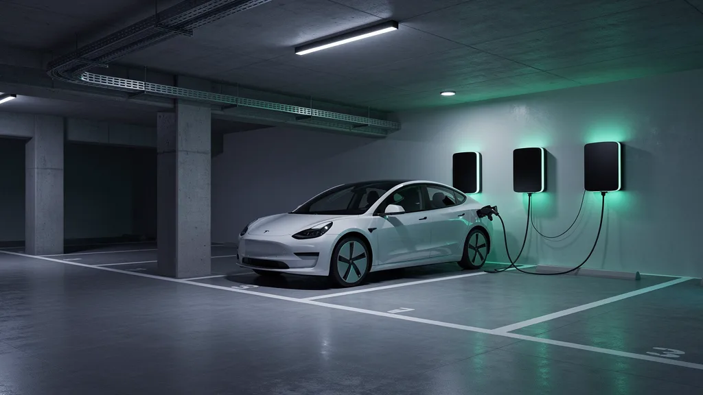 Cochera de subsuelo de un edificio con tres cargadores para autos eléctricos montados sobre la pared y bandeja portacables en el techo.