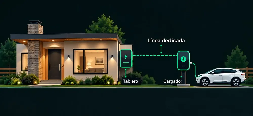 Casa con el tablero, la línea dedicada y el cargador donde carga el auto eléctrico