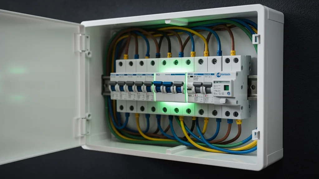 Tablero eléctrico residencial abierto con térmicas y disyuntor diferencial montados sobre riel DIN y cableado ordenado.